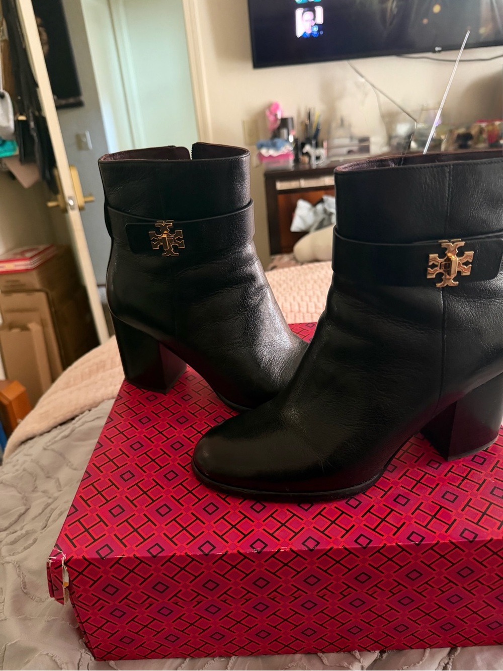 Tory Burch Black Leather Ankle Booties with Gold Logo Accent